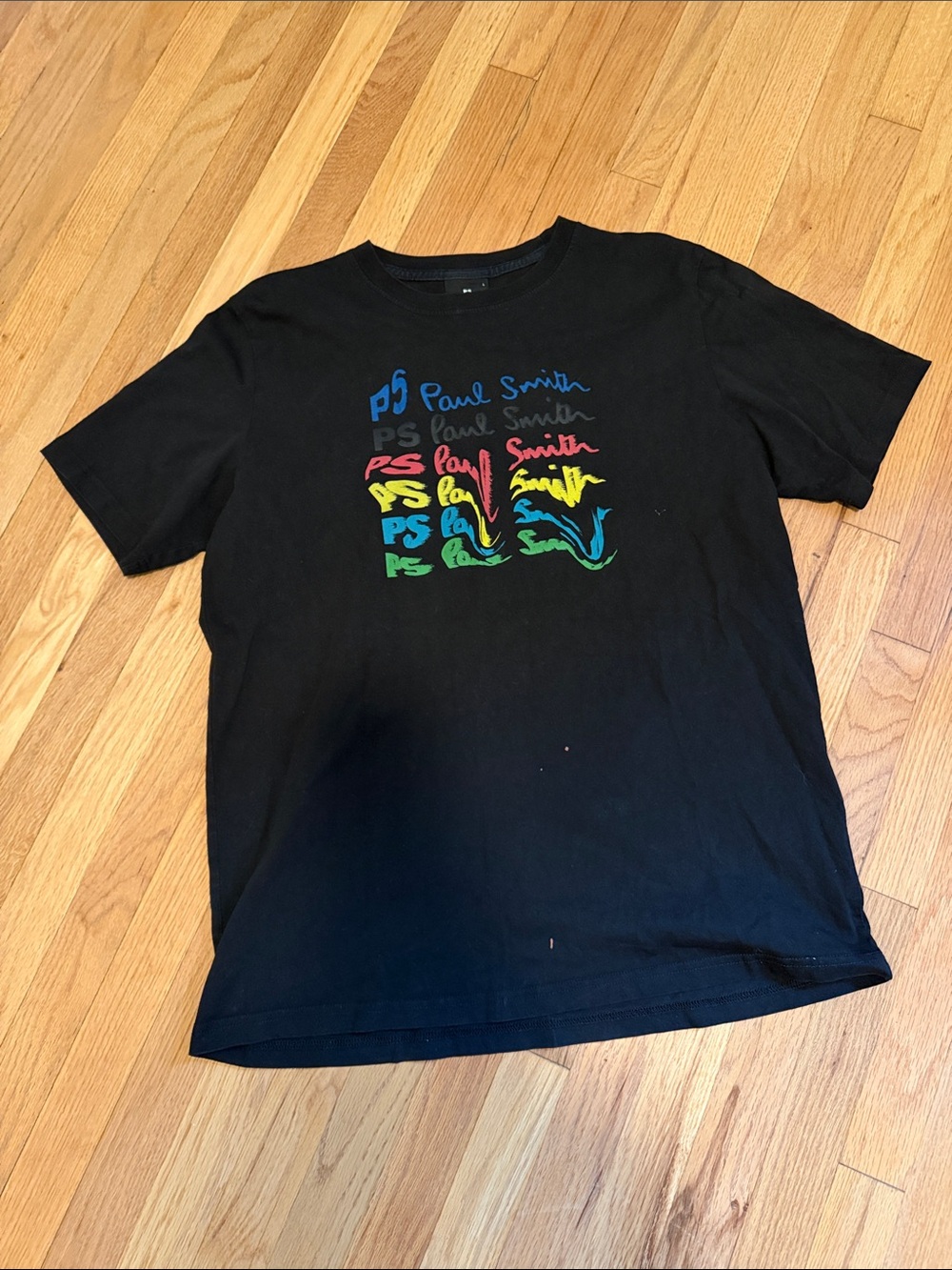 Paul Smith Black Short Sleeve Tee with Multicolor Logo - ***small bleach stains